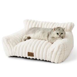 Ліжко для котів та собак COZY KISS ортопедичне велике 65x44x30 см, з штучного хутра, кремове. Диван для котів, м'яке лежак з підголівником