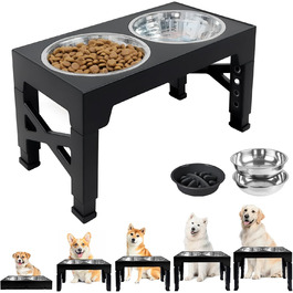 Підвищена годівниця для собак з регулюванням висоти (5 рівнів: 8см, 22см, 25см, 28см, 31см), з 2 мисками з нержавіючої сталі та 1 мискою для повільного годування, для собак маленьких, середніх та великих порід, з неслизьким дном, з BPA-free пластику, чорного кольору