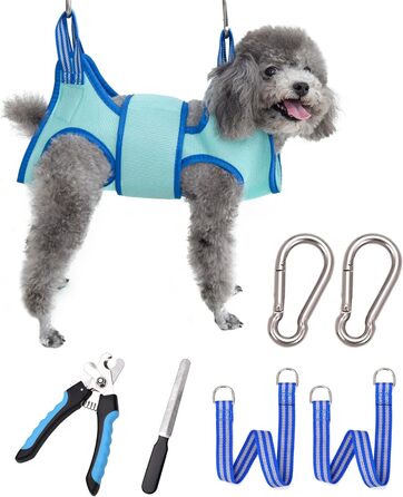 Гамманець для грумінгу собак L 2023, тримач для шлейки, гаманець для підстригання нігтів, гаманець для грумінгу собак з широким ременем, петля для догляду за шерстю, кишеня для догляду за нігтями, блакитний (X-Small 3,2 кг Макс/Блакитний)