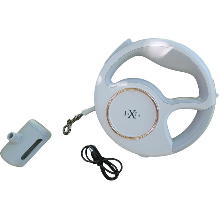 Леєнка для собак з LED-підсвіткою, 3м, тримач для відходів, відбивачі, білий/рожеве золото, для собак до 10кг