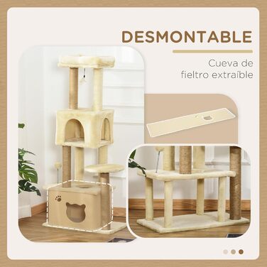 Велика дряпка для котів PawHut 60x34x136 см з платформами, знімними плюшевими будиночками, джутовими стовпчиками та підвісним м’ячиком, бежева