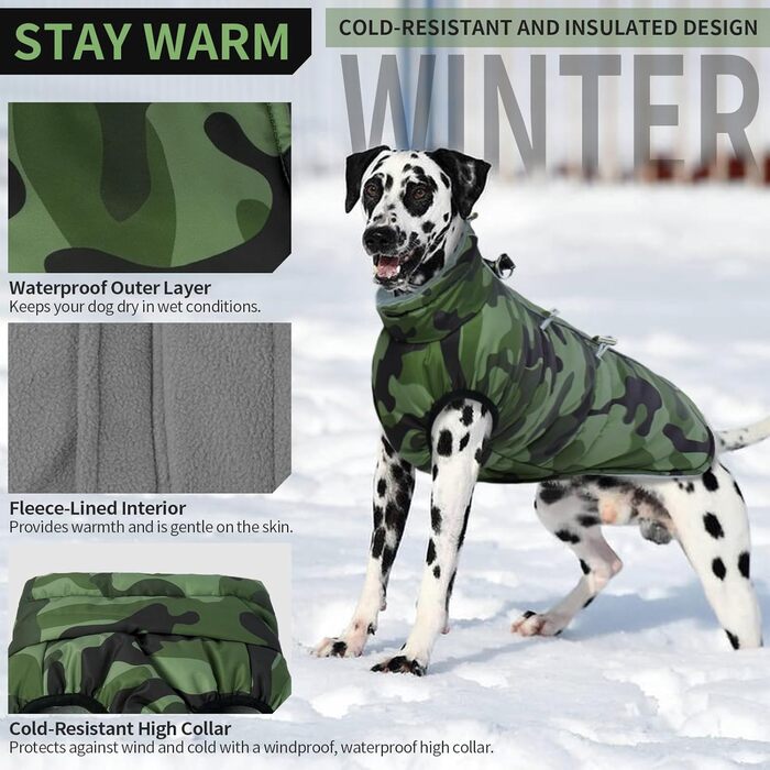 Водонепроникний зимовий одяг для собак, теплий куртка для собак з отвором для шлейки, для малих, середніх та великих собак, військовий камуфляж, з світловідбиваючими смугами, блискавка, XL