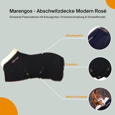 Флісова попона для коня Marengos Modern Rosé, 145 см, чорна, дихаюча, з перехресними ременями, застібкою спереду, шнуром для хвоста та рожево-золотистим декором