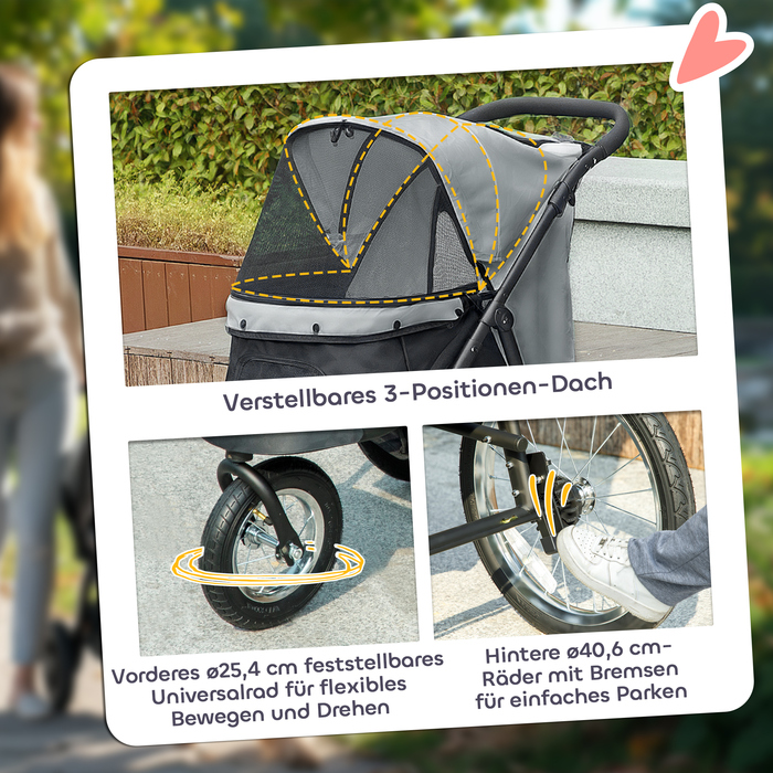 PawHut Коляска для собак Jogger Dog Buggy складна для маленьких собак і кішок до 10 кг Котяча баггі з 3 великими гумовими колесами, подушками, сіткою, вікнами, кошиком для зберігання, Котяча коляска з повідцями, Сірий | Аосом