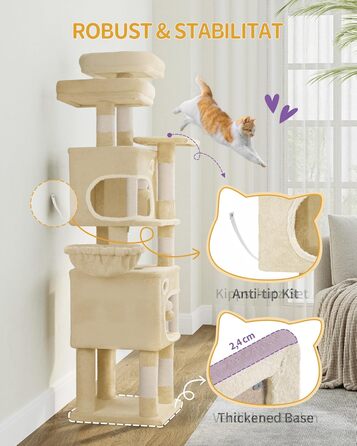 Драбина-кіготь для котів Hzuaneri, 159 см, з 8 стовпчиками, 3 платформами, 2 хованками, кошиком, плюшевими кульками та мотузкою з сизалю. Підходить для котів різних розмірів. MS15918LG (Бежевий)