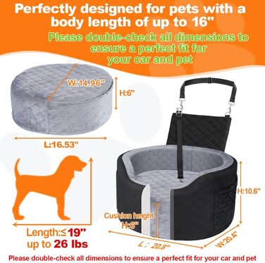 Підвищення для собак у машину, великих та вагою до 25 кг, сірого кольору, з memory foam, велике, з кишенями, ковдрою та ременем безпеки, розмір L