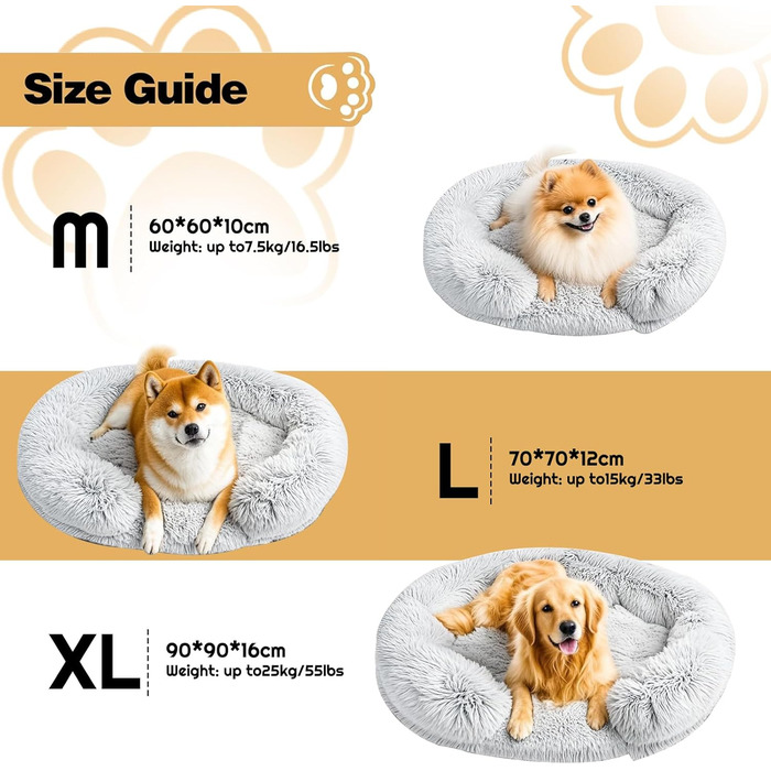 Ортопедичне ліжко для собак середнього розміру, знімний та миючий чохол, м'яке ліжко-подушка для собак та котів, C-подібної форми, сіре, 60x60x10 см
