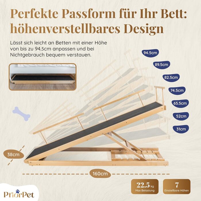 Сходинки для собак PRIORPET з берези з захисним бар'єром - регульована висота до 94.5 см - складаються - антиковзні ручки - для маленьких собак до 23 кг - коричневий (натуральний)