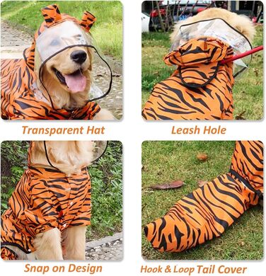 Водонепроникний дощовик для великих собак з повним хвостом, косплей, костюм, куртка з капюшоном, розмір 6XL (63х83 см, тигр)