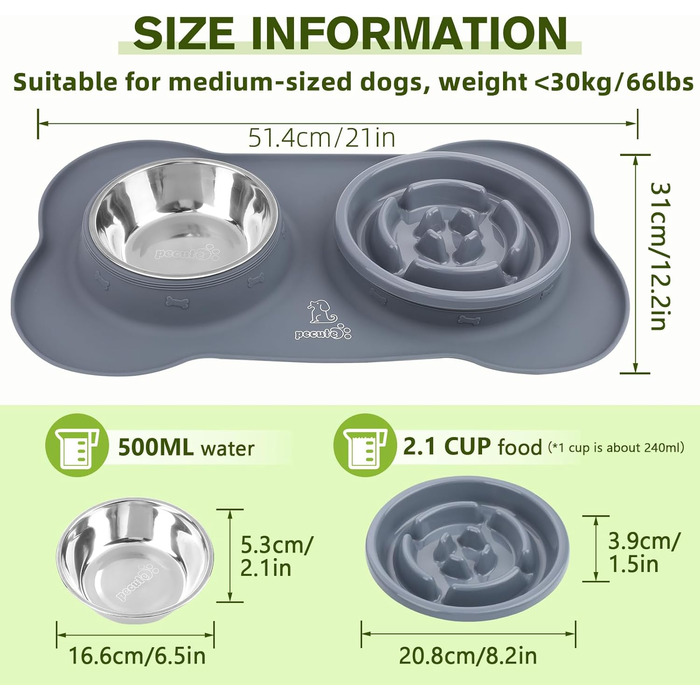 Набір мисок для собак та котів Pecute 3-в-1: миска для їжі, миска для води, Slow Feeder для собак середніх порід, нержавіюча сталь, силіконове покриття, набір мисок для тварин