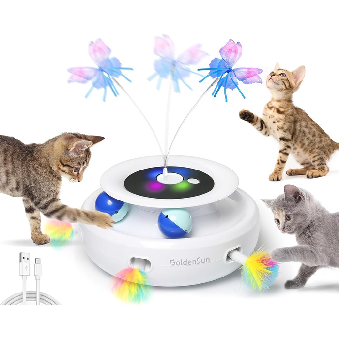 Інтерактивна іграшка для котів GoldenSun 3-в-1: Whack-A-Mole, метелик, м'ячик. USB, 6 насадок. Білий колір