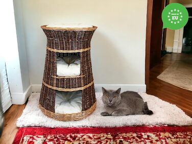 Корзина для котів для сну - котяча хатинка для дому - розмір 43 x 49 x 70 см, кругла - котяча печера з лози, трирівневе ліжко для собак або котів з пральним подушками в кольорі слонова кістка - лакована корзина з бежевими подушками