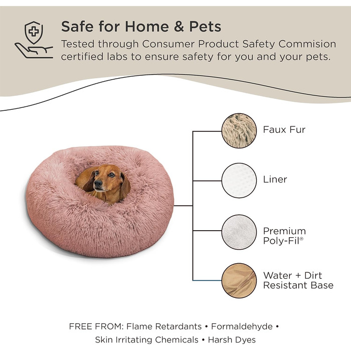 Круглий лежак для собак та котів Sheri The Original Calming Donut - м'який штучний хутро, пудрово-рожевий, 58x58x18 см