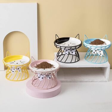 Керамічна миска для котів з металевим підставкою, піднята миска для котів Anti-Erbrechen, плоска керамічна миска для корму та води для котів та маленьких собак (Чорний)