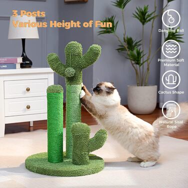 Креативний когтеточка-кактус PAWZ Road для котів, 3 стовпи, зелений, розмір L (42×68,5 см)