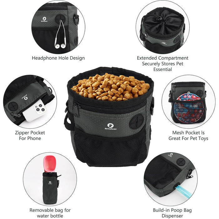 Сумка для корму для собак 2-в-1 з пляшкою води, знімний мішок для корму та диспенсер для пакетів для екскрементів (чорно-зелений)