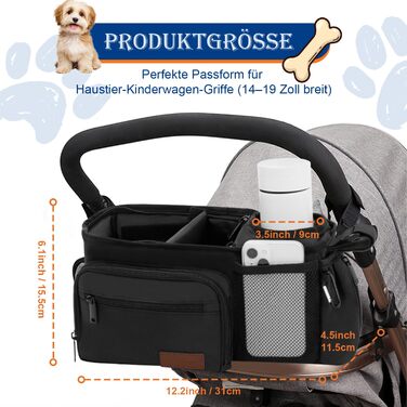 Органайзер для дитячої коляски та собак, сумка-органайзер для аксесуарів для собак з дозатором пакетів для екскрементів, кишенькою для ласощів та тримачем для чашки, сумісний з ручками 35–48 см, подарунок для любителів тварин, чорний