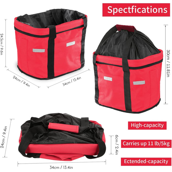 Фалцфальтерний велосипедний кошик для собак, передній велосипедний кошик, легко встановлюється, знімний велосипедний кошик-сумка, з адаптером керма для маленьких собак, для покупок, пікніків (червоний)