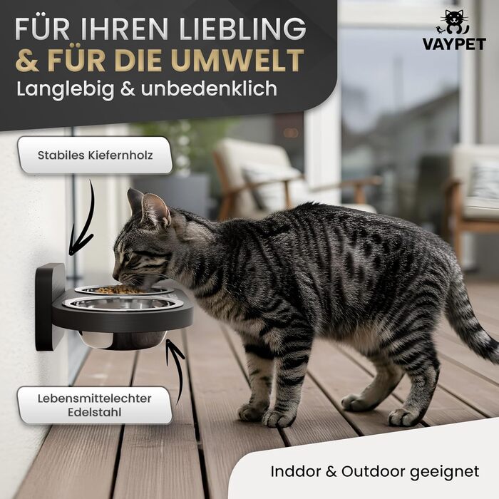 Настінний годівниця для котів VAYPET® з нержавіючої сталі, без свердління, білий/чорний