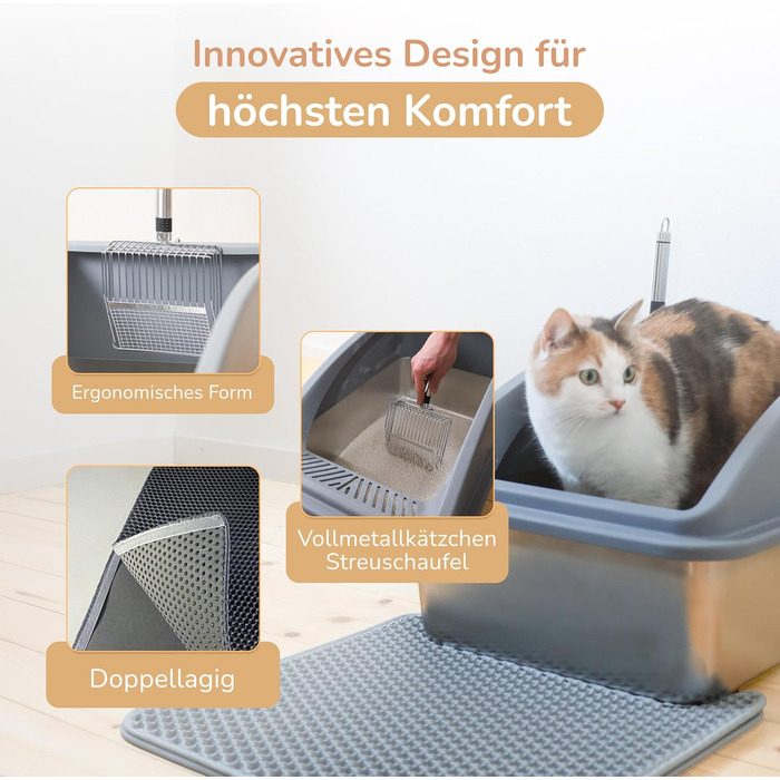 LINUMA® Туалет для котів з нержавіючої сталі з кришкою, антибактеріальний, зі шторівкою, килимок, двошарова металева лопатка, легко мити