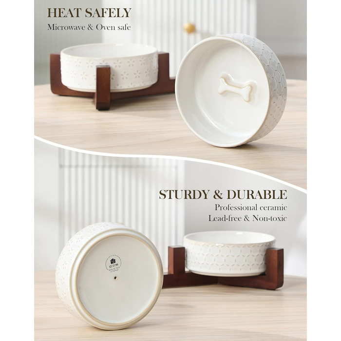 Миска для собак Malacasa з підставкою з горіхового дерева, 450 мл, подвійна миска для собак та котів, для корму та води, неслизька підставка, візерунок у вигляді п'ятипелюсткового клеверу та соти, 450 мл * 2