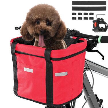 Фалцфальтерний велосипедний кошик для собак, передній велосипедний кошик, легко встановлюється, знімний велосипедний кошик-сумка, з адаптером керма для маленьких собак, для покупок, пікніків (червоний)