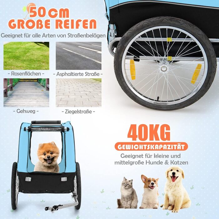 Причіп для велосипеда GYMAX, візок для собак з прапором безпеки, складаний візок для собак до 40 кг, візок для домашніх тварин з універсальними колесами, транспортний візок для собак (Блакитний)