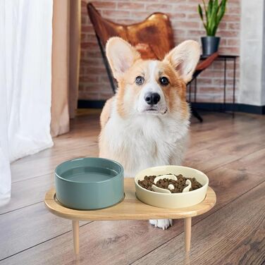 Набір керамічних мисок для собак та котів SpunkyJunky: миска проти запобігання ковтання + підставка з бамбука (Бежевий + Темно-зелений), Ø15.5 см