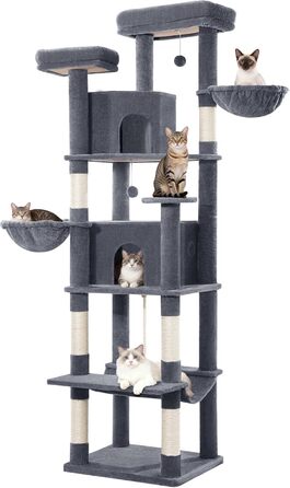 Драбина для котів Kratzbaum Groß 216 см, XXL розмір, стабільна з крізьолунами, 2 затишні будиночки, 2 платформи, 2 кошики, гамак, для дому, FPMS007FG1 (60 x 50 x 216 см, темно-сірий)