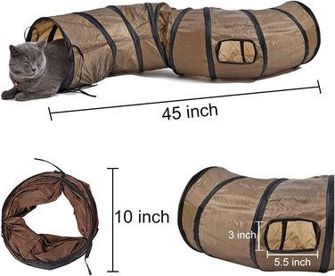 Туннель для котів Andiker S-подібної форми, складаний, іграшка-пазл для гри в приміщенні та на вулиці, з 2 бічними отворами (коричневий)