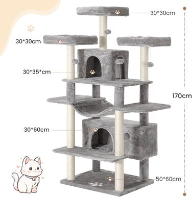 Драбина для котів MSmask XXL, велика та стійка, з 3 оглядовими платформами, з сизалевими стовпчиками, сірого кольору