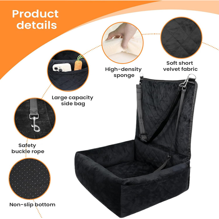 Автокрісло для собак - переносна автолюдина для цуценят | Регульоване та безпечне автокрісло для собак | Миється | З піднятою платформою | Чорний колір