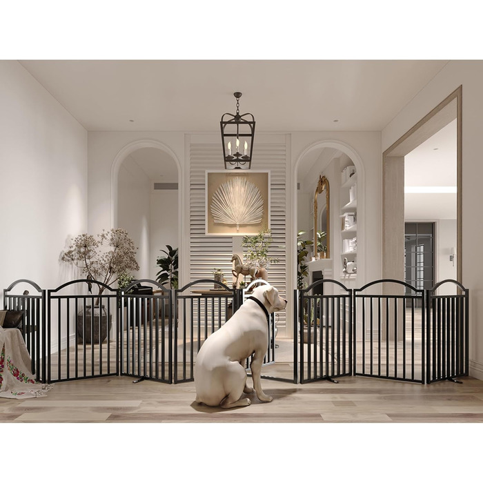 Металеве вольєр для собак BHG Freistehendes Hundegitter, без монтажу, з дверцятами, широке, 243,8 x 81,3 см, аккордеон, для дому та саду, білий (8 панелей, чорний)