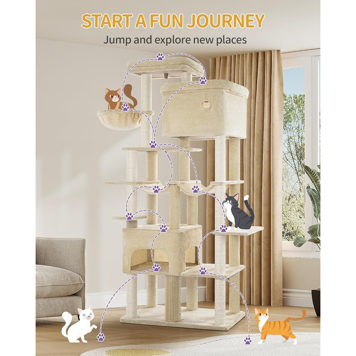 Кігтеточка Hzuaneri XXL 200 см з 10 стовпчиками, 2 печерами, 2 гамаками, великою платформою, щітками для котів, кошиком. Підходить для Maine Coon та великих котів (Бежевий)