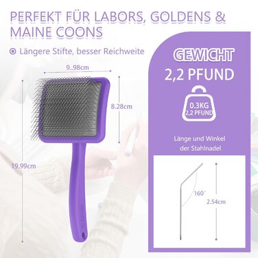 Набір щітки та гребінця Slicker для великих собак з довгою шерстю - щітка для розплутування з пінами 22 мм для Golden Retriever, Пуделя, Doodle та котів - професійний догляд за шерстю з дерев'яною ручкою та шкіряним чохлом (фіолетовий)