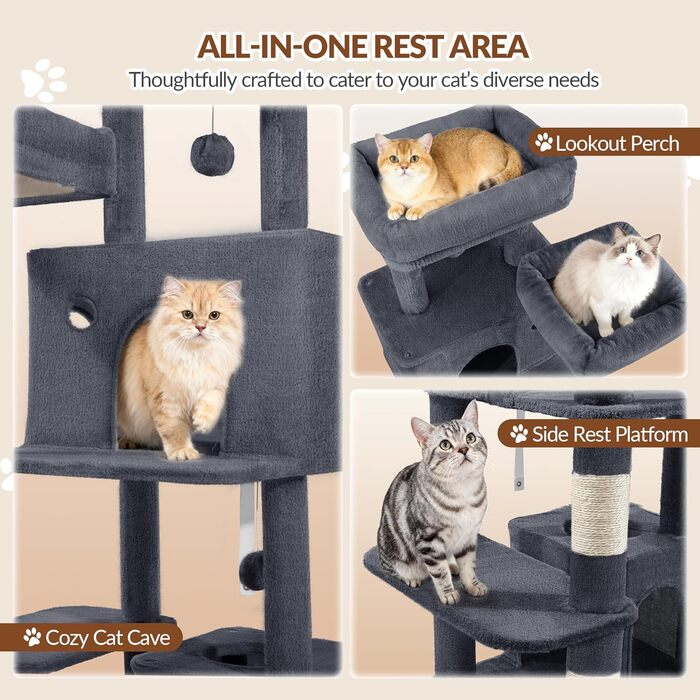 Котячий будиночок Kratzbaum 178 см: стабільний, з дряпальними стовпцями, лежаками та платформами, сірий