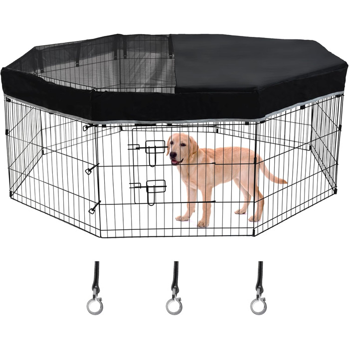 Захист для собачого вольєра Zuisfau, сітчаста верхня частина, сумісний з 61 см, 8 панелей, металевий вольєр, чорний, з гачками. (Тільки захист, вольєр не входить до комплекту)