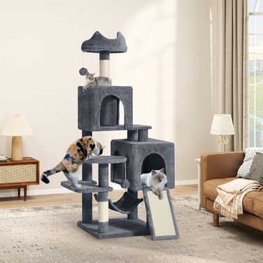 Кігтеточка YITAHOME XXL для котів, 137 см, сіра: 8 стовпів з сизалю, 3 платформи, 2 печери, гамак, іграшки