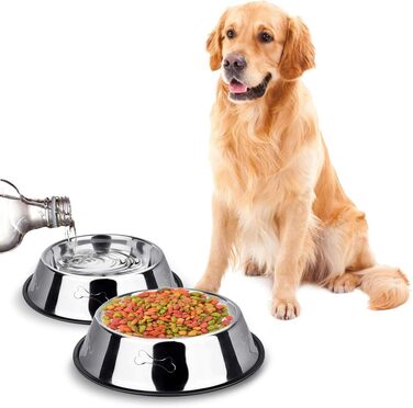 Миски для собак з нержавіючої сталі, 2 шт. - неслизька основа, для корму та води, середніх та великих собак, срібні