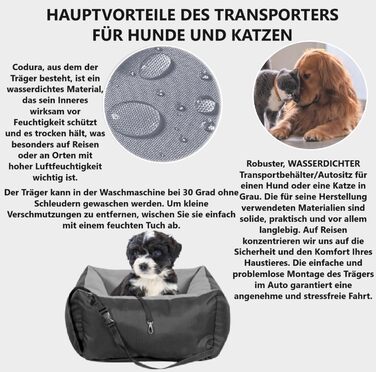 KING DOG Автокрісло для собак до 8 кг. Транспортна переноска для автомобіля з кріпленням на ремінь безпеки та м'яким килимком. Складається, легко миється. Підходить для SUV та легкових автомобілів (55 x 55 см, чорно-сірий)