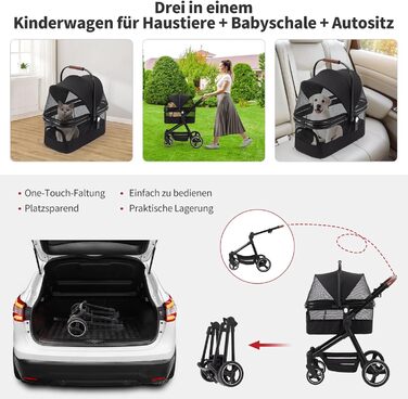 Складаний візок для собак та візок-буги для тварин до 15 кг, одноярусний, з повідцями безпеки, сітковими вікнами та місцем для зберігання, ідеальний для подорожей та прогулянок, чорний