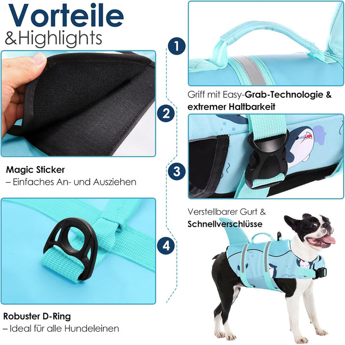 Жилет для плавання собак AOFITEE, блакитний, XS (Small), для маленьких, середніх та великих собак, з ручкою та світловідбиваючими смугами