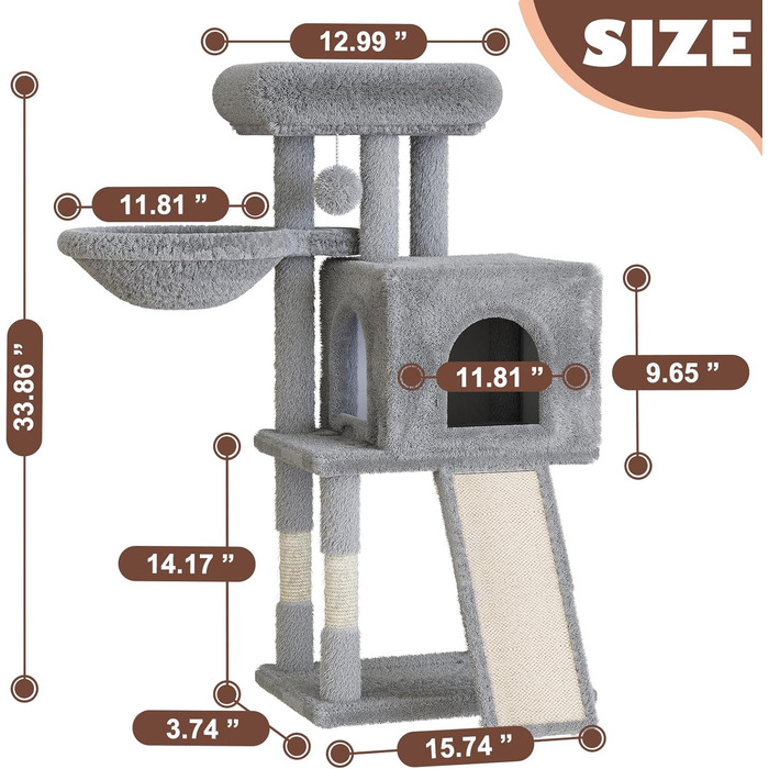 Дерев'яний кігтеточки для котів, кігтеточка-вежа, ігровий комплекс для кошенят, сірий колір, висота 98.5 см