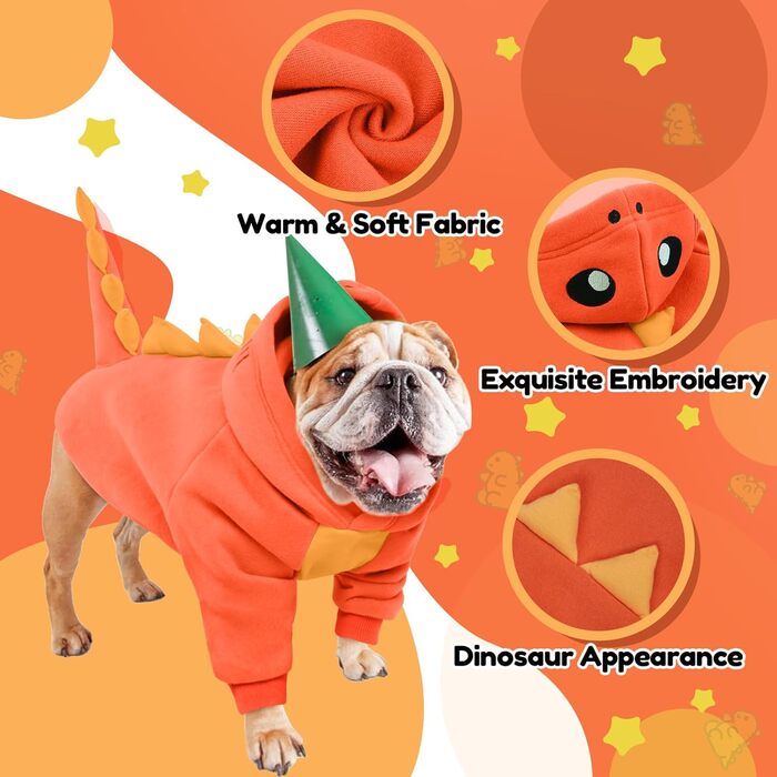 Костюм для собак Лелепет, карнавальний костюм на Хелловін, для великих собак, динозавр, теплий флісовий худі, зимовий халат для собак, зелений (X-Small, помаранчевий з візерунком 