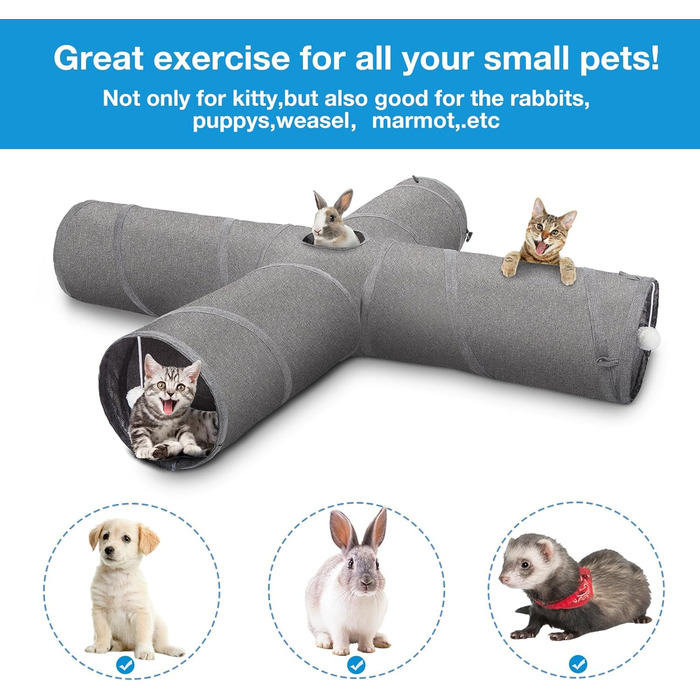 Ownpets тунель для котів, 4-ходовий складаний тунель для домашніх котів, інтерактивний з віконцем, з іграшкою на паличці