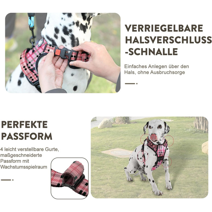Шлейка для собак середнього розміру FURRYFECTION, анти-виривання, зручна, регульована, з шнуром (Plaid Rosa, M)