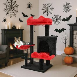 Котячий комплекс Gothic Halloween: стійка кімната з ліжком, будиночком та когтеточками, 84.5 см (Чорний/Червоний)