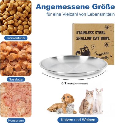 Набори мисок для котів 4 шт. з нержавіючої сталі, проти ковзання, для вологого та сухого корму, 17 см, без зачепів для вусів