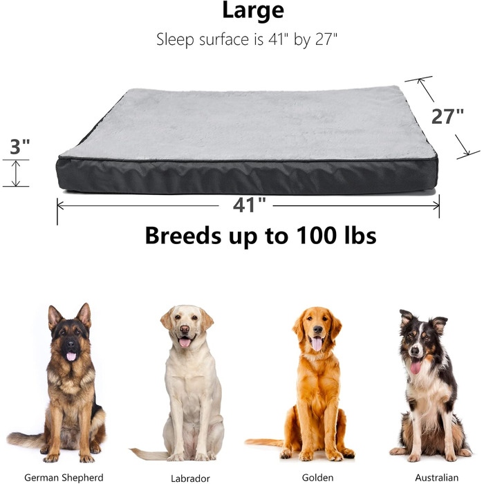 Ортопедичне ліжко для собак XL, сіре, знімний чохол, водонепроникне покриття, 107x71 см. Подушка з піни, для собак з артритом