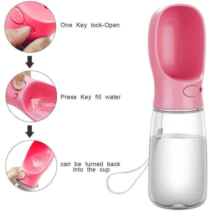 Турботрінка для собак: портативна пляшка, 550 мл, BPA-free, витокозахисна, для подорожей, біла/рожева